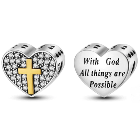 Sterling Silber 925 Religiöse Charms Herz, Kreuz, Gott der Möglichkeiten, Perle für Armband