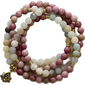 108 Mala Amazonit + Rhodonit + Lotus Halskette Meditationsschmuck, Naturstein, Kugel 6 mm