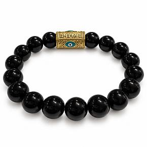 Obsidiánový náramek elastický s modrým okem ve zlatavém korálku, přírodní kámen, kulička 10 mm / 16–17 cm | Talisman ochrany a odvahy