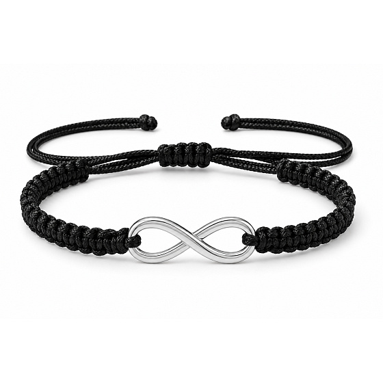 Infinity - Unendlichkeitsarmband – Symbol der Liebe, Freundschaft und des Glücks, silberner Anhänger, schwarze Kordel, verstellbar
