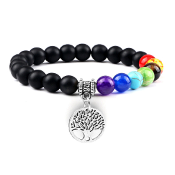 Chakra-Armband elastisch Lebensbaum + Onyx, Naturstein, Kugel 8 mm / 16-17 cm, Lebenskraftstein