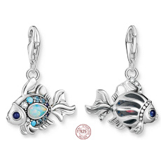 Charms Sterling Silber 925 Fisch mit blauen Strasssteinen, Karabinerverschluss Tierarmband Anhänger Charms Sterling Silber 925 Fisch mit blauen Strasssteinen, Karabinerverschluss Tierarmband Anhänger