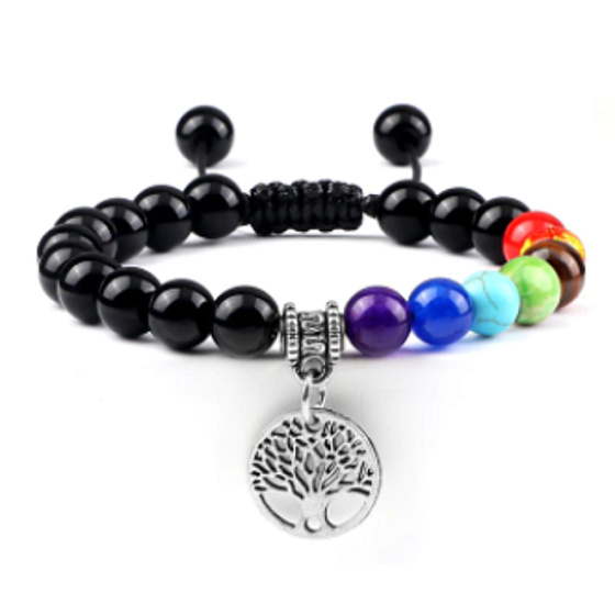 Chakra-Armband Lebensbaum + Obsidian, Naturstein, handgestrickt, größenverstellbar, 8 mm Kugel, Rettungsstein