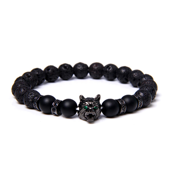 Lava schwarz + Wolfskopf-Armband elastischer Naturstein, Kugel 8 mm / 21 cm, geboren aus den vier Elementen