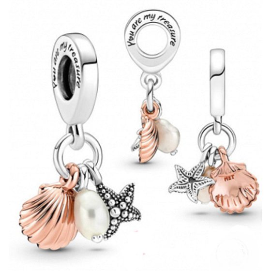 Charm Sterlingsilber 925 Seestern, Muschel, Süßwasserperle, 3-in-1 Anhänger für Armband, Meer