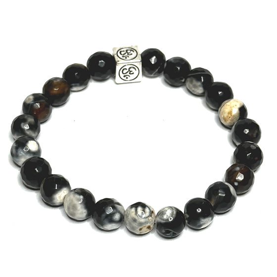 Achat schwarz-weiße Spitzenfacette mit königlichem Mantra Ohm-Armband elastischer Naturstein, Kugel 8 mm / 16-17 cm, bringt Erfolg ins Leben