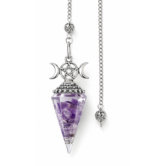 Orgonit-Pendel – Amethyst | Natürliches Mineral | Silberfarbener Anhänger Pentagramm und Dreifachmond + Kette ca. 20 cm