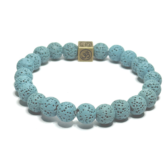 Lava hellblau mit königlichem Mantra Om, Armband elastischer Naturstein, Kugel 8 mm / 16-17 cm, geboren aus den vier Elementen