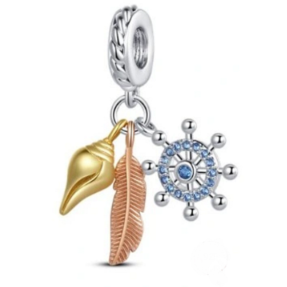 Charm Sterlingsilber 925 Schutzamulett, Anker, Feder, Muschel 3-in-1, Anhänger für Meeresarmband