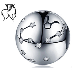 Stier-Sternzeichen, Anhänger für Armband Silber + Zirkonia, Kugel 9 mm 1 Stück