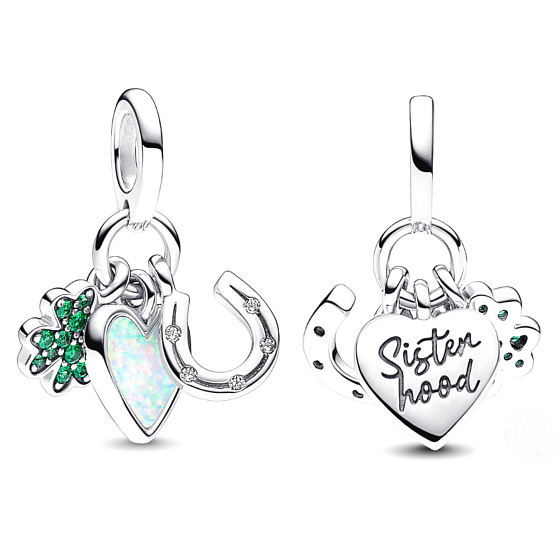 Charme Sterling Silber 925 Schwester vierblättriges Kleeblatt für Glück, Herz und Hufeisen 3in1, Anhänger am Armband Familie