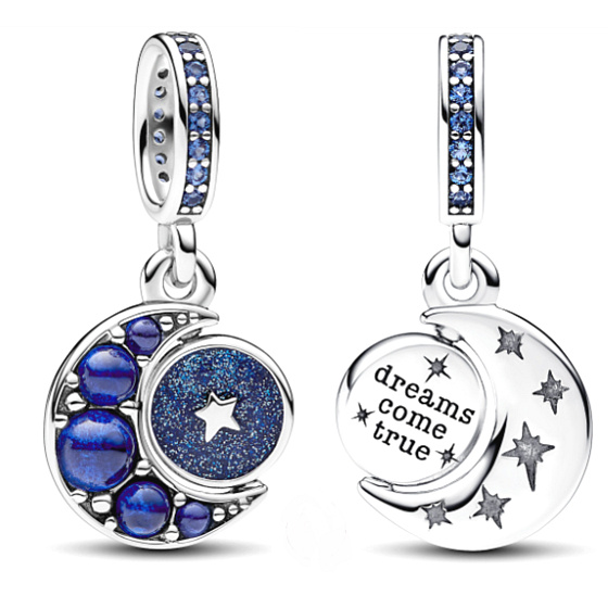 Charm Sterling Silber 925 Halbmond mit königsblauem, sternenblauem und hellblauem Kristall, Universum Armband Anhänger