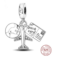 Charm Sterlingové stříbro 925 Cestovní přívěsek na náramek 3v1, glóbus, pas, letadlo cestování