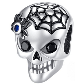 Charm Sterling Silber 925 Totenkopf - schwarzes Spinnennetz, Perle für Halloween-Armband