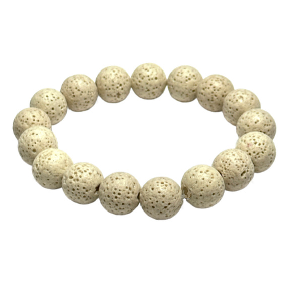 Láva krémová s královskou mantrou Óm, náramek elastický přírodní kámen, kulička 12 mm / 16 - 17 cm, zrozen ze čtyř živlů