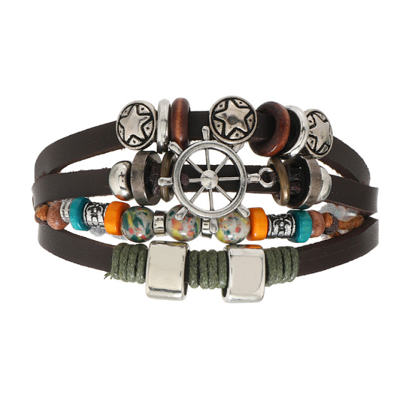 Mehrschichtiges Lederarmband, Symbol Helm + Stern, größenverstellbar