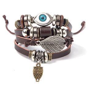 Mehrschichtiges Lederarmband, blaues Auge + Eulensymbol, größenverstellbar
