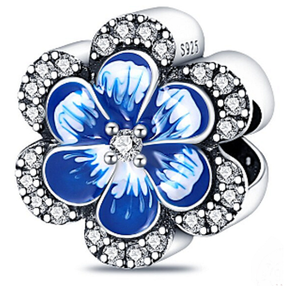 Sterling Silber 925 Blaues Stiefmütterchen + kubischer Zirkon, Perle für Armband natur