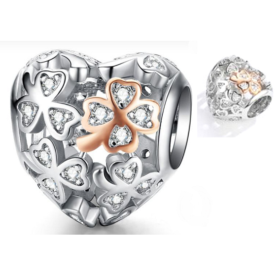 Charms Sterling Silber 925 Geliebtes vierblättriges Kleeblatt als Glücksbringer, Perlenherz am Liebesarmband