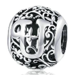 Sterling Silber 925 Magic Alphabet Buchstabe U mit Blumen, Perle für Armband