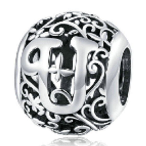 Sterling Silber 925 Magic Alphabet Buchstabe U mit Blumen, Perle für Armband