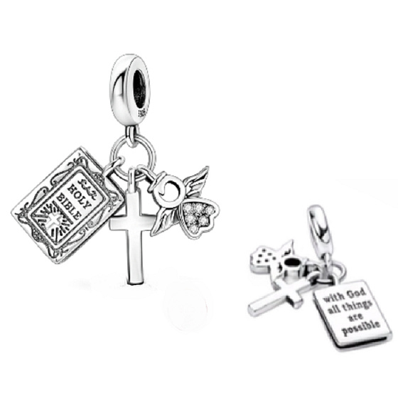 Sterling Silber 925 Religiöse Charms, Erstkommunion, Taufe - Bibel mit Gott sind alle Dinge möglich, 3in1 Anhänger Armband