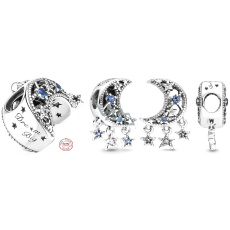 Charme Sterling Silber 925 Halbmond und Sterne, Perle auf Armband Universum