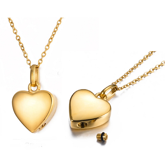 Urnen-Gedenkanhänger, Herz glänzend gold, wasserdicht, Edelstahl 19 x 29 mm + Kette 50 cm