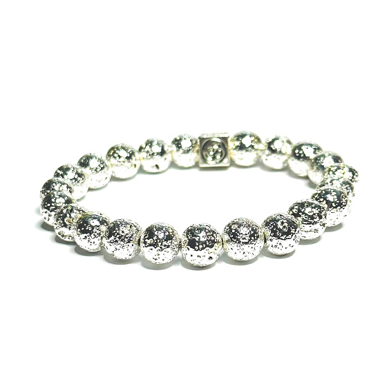 Lava Silber Farbe plattiert mit königlichen Mantra Om, Armband elastischen Naturstein, Kugel 8 mm / 16-17 cm, geboren von den vier Elementen