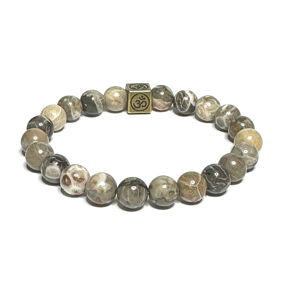 Celestine, Chrysantheme mit königlichem Mantra Ohm-Armband elastischer Naturstein, Kugel 8 mm / 16 - 17 cm