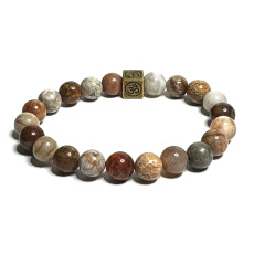 Korallenfossil mit königlichem Mantra Armband elastisch natur, Kugel 8 mm / 16 - 17 cm