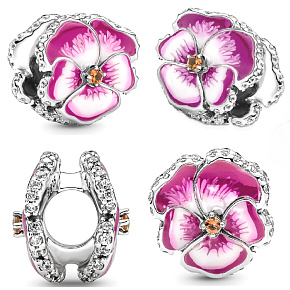 Charme Sterling Silber 925 Rosa Stiefmütterchen, Perle am Armband Natur