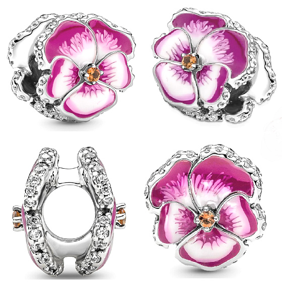 Charme Sterling Silber 925 Rosa Stiefmütterchen, Perle am Armband Natur