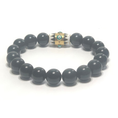 Obsidian + Blue Eye Armband elastischer Naturstein, Kugel 10 mm / 16-17 cm, Rettungsstein