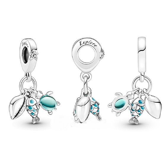 Charm Sterlingsilber 925 Fisch, Meeresschildkröte und Muschel 3-in-1, Anhänger für Meeresarmband