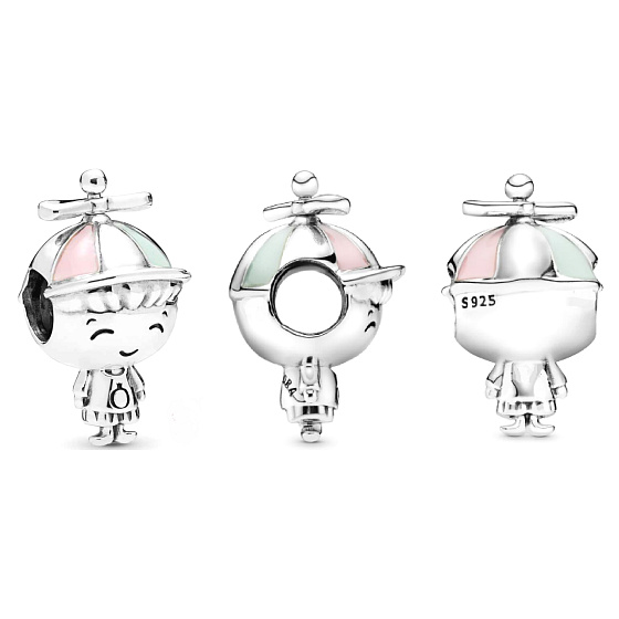 Charme Sterling Silber 925 Junge mit Propeller auf Hut, Perle auf Armband, Familie