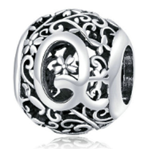 Sterling Silber 925 Magic Alphabet Buchstabe Q mit Blumen, Perle für Armband