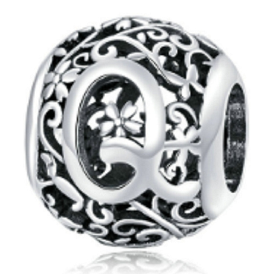Sterling Silber 925 Magic Alphabet Buchstabe Q mit Blumen, Perle für Armband
