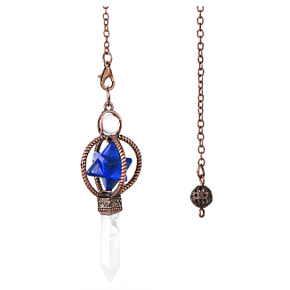 Lapis Lazuli Merkaba Pendel + klarer Quarz + Bronze, Natursteinanhänger 7,7 cm, Kette ca. 26,5 cm