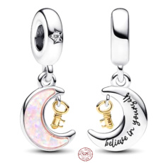 Charme Sterling Silber 925 Mond und Schlüssel, Zirkonia, rosa Opal im Labor erstellt, Armband Anhänger Universum