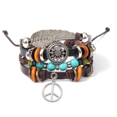 Mehrlagiges Lederarmband, Engelsflügel + Hippiesymbol, größenverstellbar