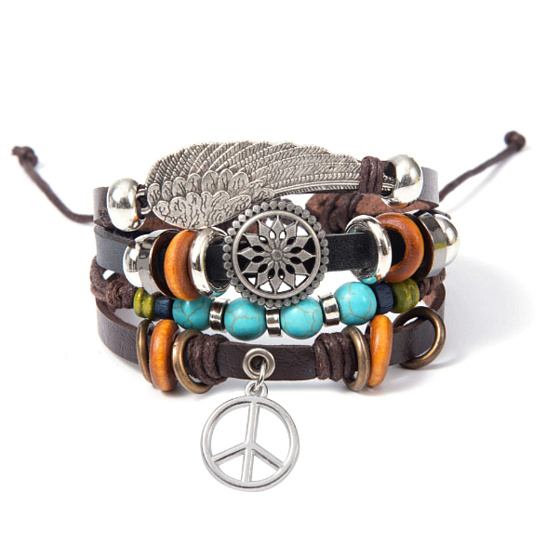 Mehrlagiges Lederarmband, Engelsflügel + Hippiesymbol, größenverstellbar