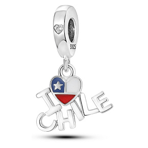 Charm Sterlingsilber 925 Chilenische Flagge Herz - Ich liebe Chile - I Love Chile, 2-in-1 Anhänger für Reise-Armband