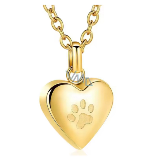 Pamětní, pietní urnový přívěsek, Srdce lesklé zlaté tlapka, voděodolné, nerezová ocel 19 x 18 mm + řetízek 55 cm Pamětní, pietní urnový přívěsek, Srdce lesklé zlaté tlapka, voděodolné, nerezová ocel 19 x 18 mm + řetízek 55 cm