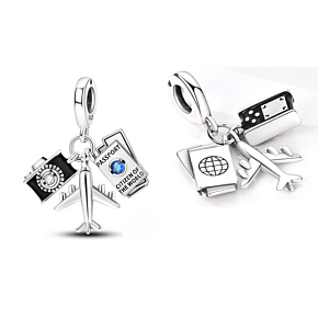 Charm Sterling Silber 925 Reisepass, Flugzeug, Kamera 3in1, Reise-Armband Anhänger