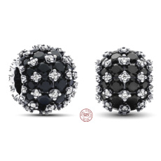 Charm Sterling Silber 925 Schimmernder runder schwarzer Charm Pavé, Perle am Armband Symbol