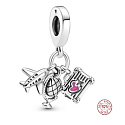 Sterling Silber 925 Around the world, Flugzeug, Globus und Koffer, 3in1 Reise-Armband-Anhänger