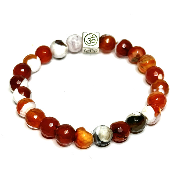 Achat Feuerspitze Facette mit königlichem Mantra Ohm-Armband elastischer Naturstein, Kugel 8 mm / 16 - 17 cm
