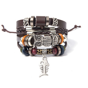 Mehrschichtiges Lederarmband, Eule + Fischsymbol, größenverstellbar