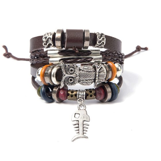 Mehrschichtiges Lederarmband, Eule + Fischsymbol, größenverstellbar
